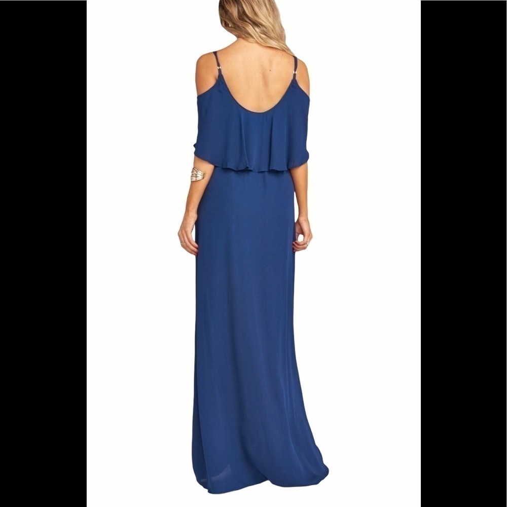NWOT Show Me Your Mumu Caitlin ruffle Maxi Dress SZ S Navy Crisp - Picture 3 of 11